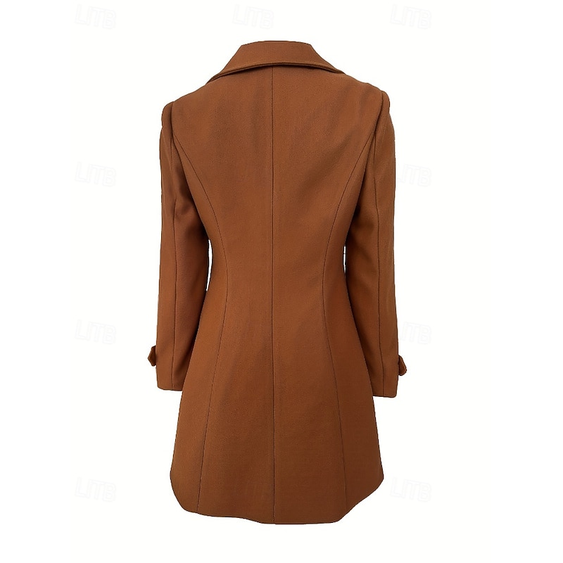 Women's Coat Pea Coat Warm Comfortable Pocket Buttons Elegant Plain Outdoor Going out Weekend Long Turndown Regular Fit Long Sleeve Outerwear Brown Fall Winter4