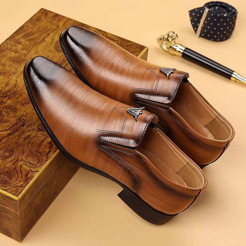 Men's Brown Faux Leather Slip-On Loafers – Crocodile Pattern Business Dress Shoes for Formal Occasions and Evening Parties2