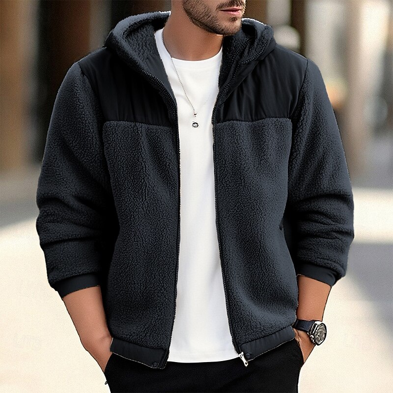 Men's Hoodie Full Zip Hoodie Fleece Hoodie Black Navy Blue Light Grey Beige Hooded Plain Patchwork Pocket Sports & Outdoor Daily Holiday Polyester Streetwear Basic Casual Winter Clothing Apparel2