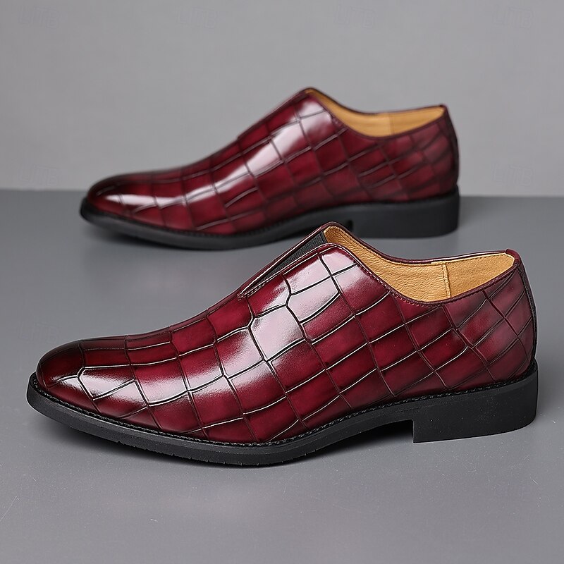 Men's Burgundy Slip-On Dress Shoes – Crocodile Pattern Formal Loafers with Classic Low Heel for Business Office, Weddings and Evening Parties2