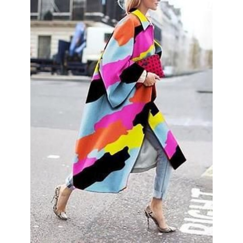 Women's Winter Coat Comfortable Breathable Print Artistic Casual Geometric Vacation Street Casual Daily Wear Open Front Long Turndown Regular Fit Long Sleeve Outerwear Red Blue Fuchsia Spring Fall3