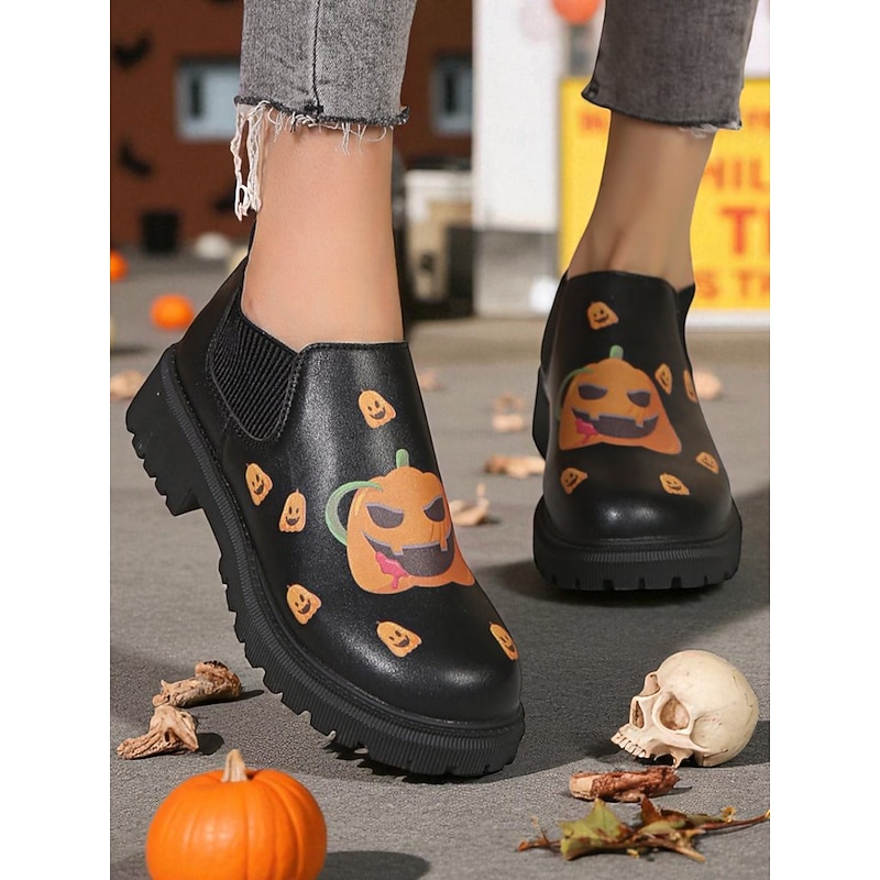 Women's Halloween Pumpkin Print Slip-On Ankle Boots – Black Faux Leather with Elastic Sides for Fall Party and Streetwear