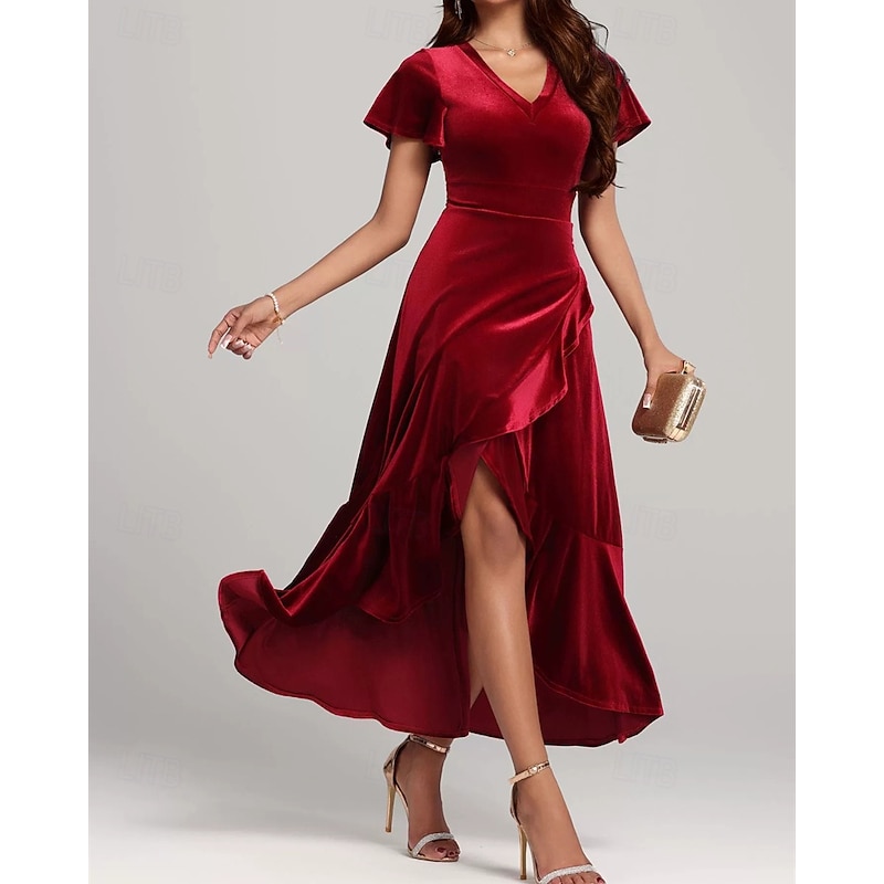 Women's Midi Dress Velvet Dress Cocktail Dress Elegant Fashion Modern Outdoor Party Party Evening Wear Regular Fit Plain Short Sleeve V Neck Black Red Purple Spring Autumn2
