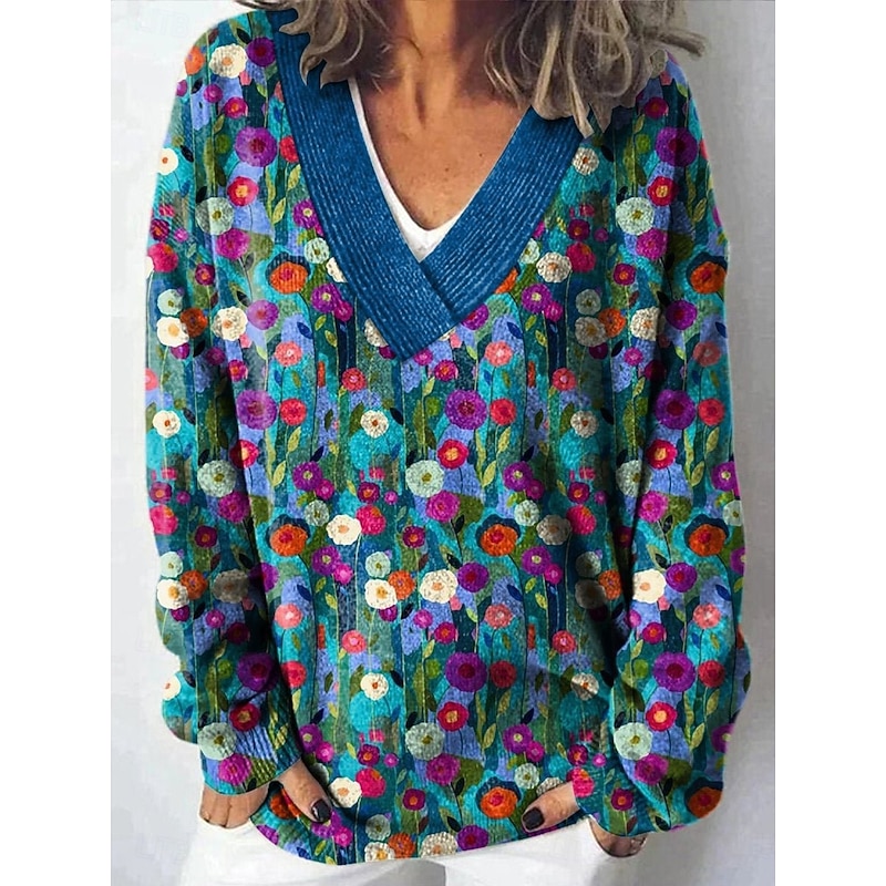 Women's Sweater Casual Soft Floral Ribbed V Neck Knitted Long Sleeve Regular Tops Knit Outdoor Daily Weekend Blue Fuchsia Fall Winter