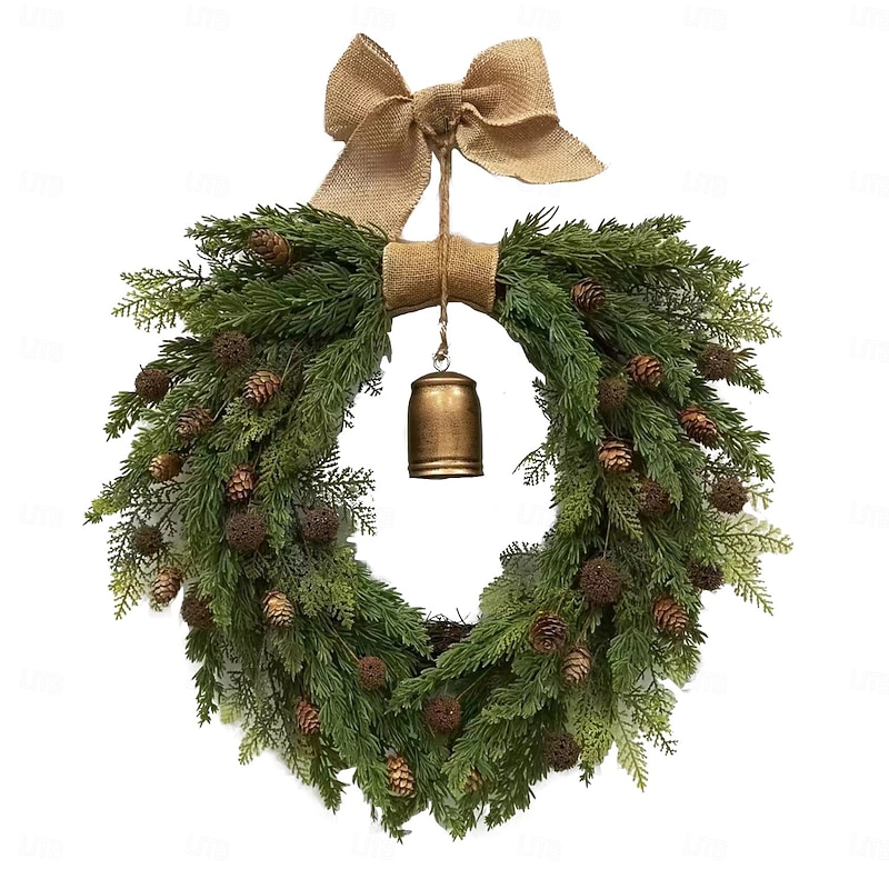 Christmas Pinecone and Bell Wreath, Heart-Shaped Burlap Bow, Vine Hoop Home Hanging Decor, Holiday Door Ornament, Festive Christmas Decoration2