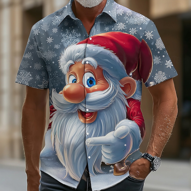 Christmas Men's Cartoon Santa Claus Snowflake Shirt Button Up Shirt Short Sleeve Funny Outdoor Holiday Summer Spring Turndown 3D Print Collared Shirts Blue 2# Blue 1# Blue3