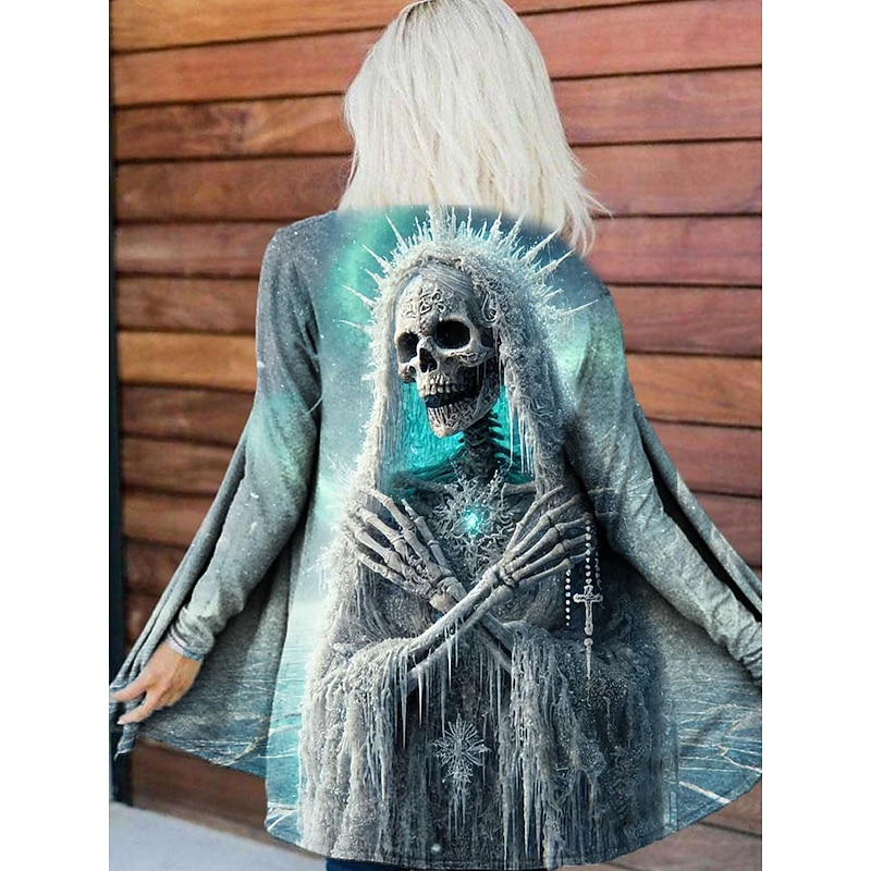 Women's Coat Lightweight Comfortable Print Vintage Artistic Casual Halloween Skull Casual Long Collarless Loose Fit Long Sleeve Outerwear Black Blue Purple Spring Fall2