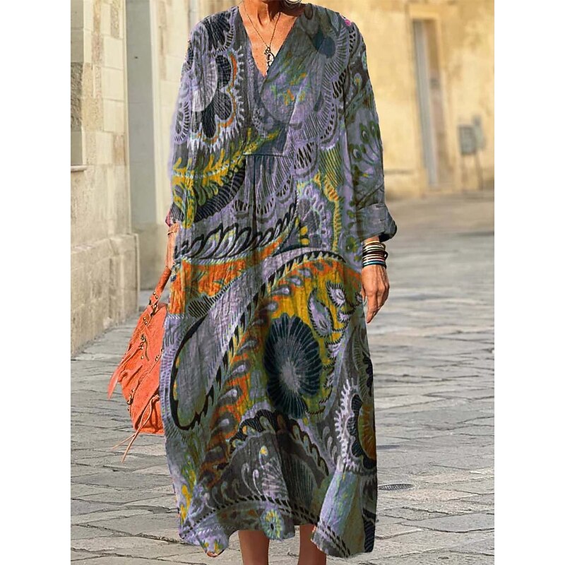 Women's Midi Dress Sundress A Line Dress Vacation Casual Boho Going out Beach Loose Fit Graphic Geometric Long Sleeve V Neck Pink Blue Light Purple Brown Spring Fall Winter Autumn4