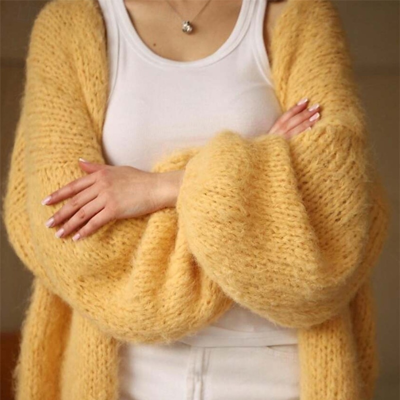 Women's Sweater Cardigan Elegant Fashion Streetwear Pure Color Open Front Knitted Long Sleeve Regular Tops Knit Outdoor Daily Weekend Yellow Fall Winter4