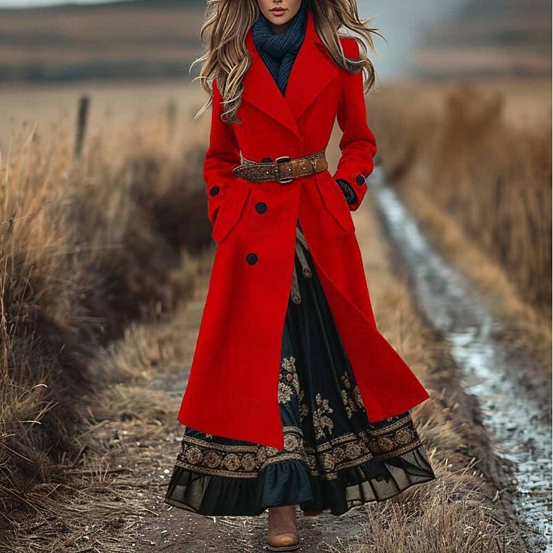 Women's Coat Pea Coat Warm Comfortable Pocket Buttons Casual Plain Vacation Street Daily Wear Going out Long Turndown Regular Fit Long Sleeve Outerwear Black Red Camel Fall Winter3