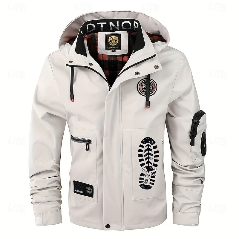 Men's Footprint / Paw Windbreaker Hooded Jacket Parka Waterproof Windproof Multi-Pockets Casual Outdoor Camping & Hiking Detachable Hood Full Zip Coat Outerwear Fall Winter Stand Collar Long Sleeve2