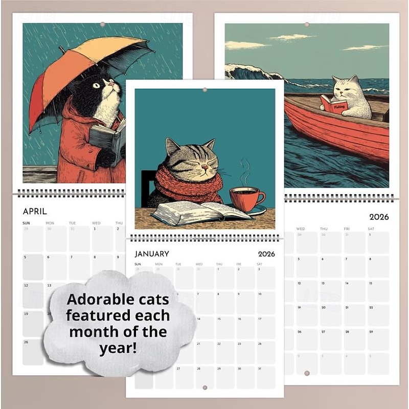 Cats Chillin' with Books 2026 Wall Calendar Cute Cat Reading Themed Monthly Planner, Funny Feline Lover Gift, Wall Art Decoration for Home Office School2