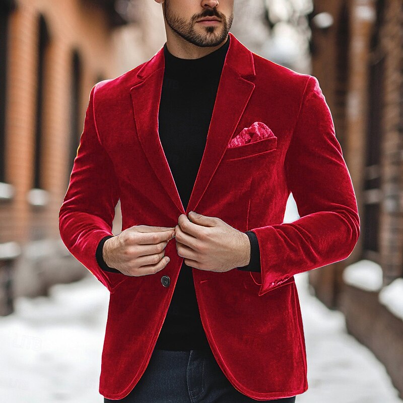 Men's Blazer Velvet Blazer Business Cocktail Party Wedding Party Fashion Casual Spring &  Fall 100% Cotton Color Block Pocket Buttons Comfortable Single Breasted Blazer Red Royal Blue Green