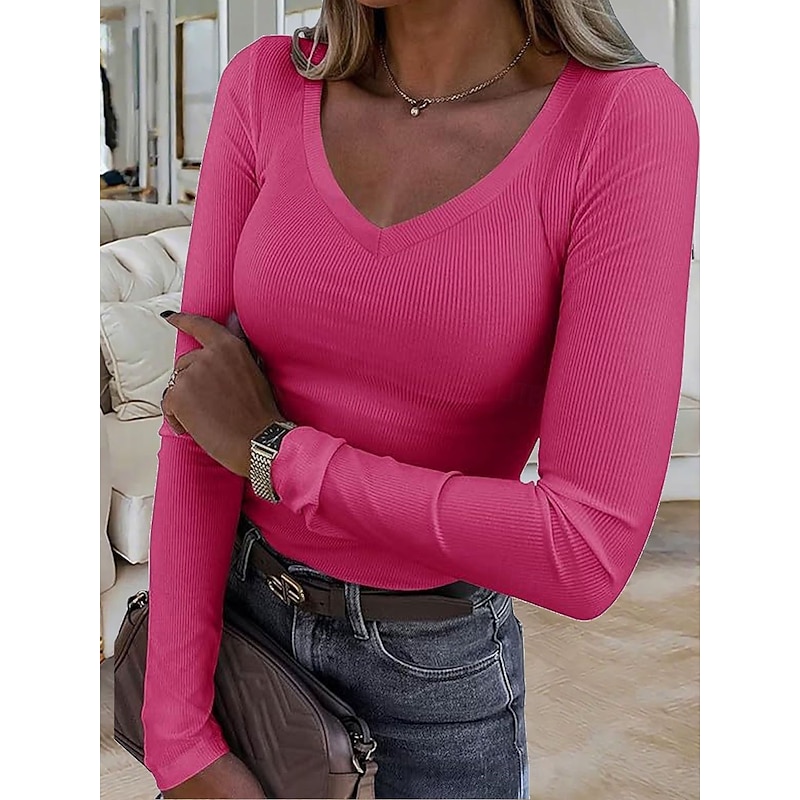 Women's T Shirt Solid Color Stylish Basic Casual Long Sleeve V Neck Regular Tops Daily Black White Pink Blue Dark Gray Spring Fall Winter2
