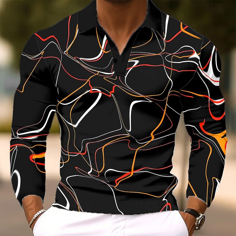 Men's Lightning Geometic Polo Long Sleeve Polo Shirts Lapel Casual Outdoor Street Athleisure Daily Wear 3D Print Buttons Spring Fall Winter Blue Orange Green2