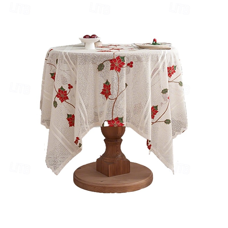American Style Christmas Tablecloth, Red Embroidered Holiday Table Cover, Home & Commercial Use, Festive Dust-Proof Dining Table Decoration, Seasonal Backdrop Cloth3