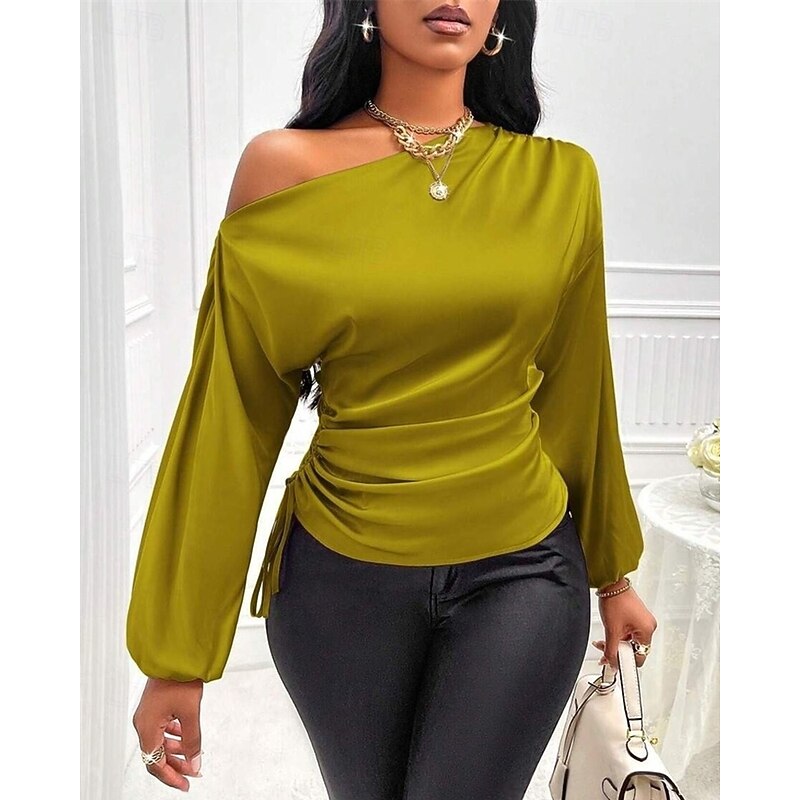 Women's Shirt Elegant Dressy Satin Plain Stylish Casual Long Sleeve Cold Shoulder Regular Tops Daily Going out Asymmetric Yellow Pink Red Apricot Spring Fall2