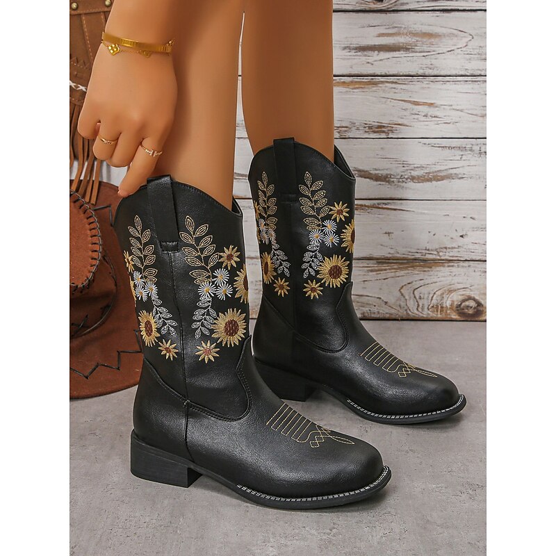 Women's Brown Cowboy Boots – Faux Leather Mid Calf Western Shoes with Sunflower Embroidery for Festivals and Country Style4