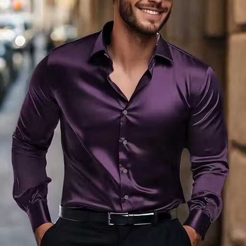 Men's Shirt Satin Shirt Dress Shirt Casual Shirt Button Up Shirt Plain Formal Wedding Black Blue Dark Purple Long Sleeve Lapel Spring &  Fall All Seasons Clothing Apparel