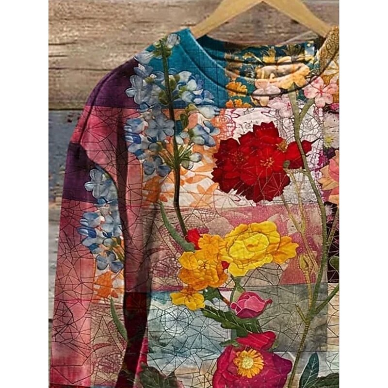 Women's Pullover Sweatshirt Floral Graphic Casual Long Sleeve Crew Neck Regular Tops Home Work Street Patchwork Red Spring Fall Winter2