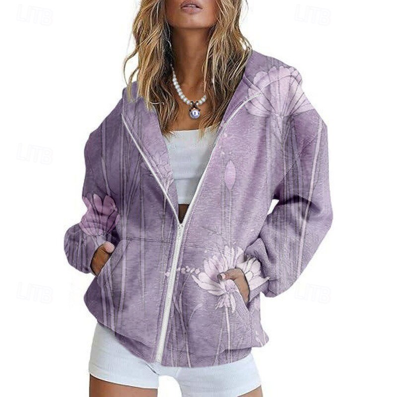 Women's Casual Jacket Comfortable Pocket Print Sports Fashion Outdoor Flower Casual Daily Weekend Zipper Regular Hooded Regular Fit Long Sleeve Outerwear Black Light Purple Purple Spring Fall3