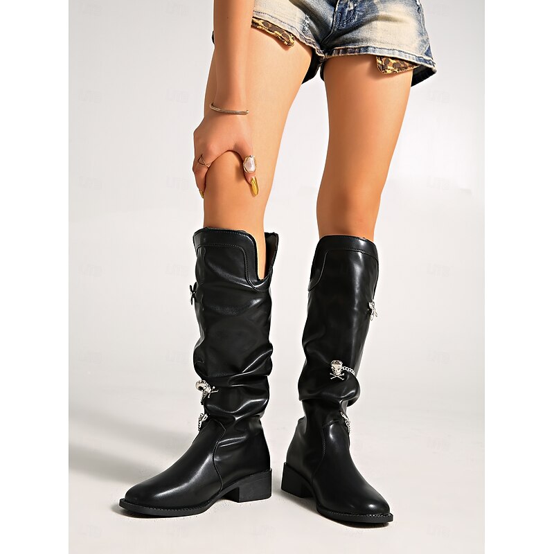 Women's Boots Slouchy Boots Daily Chain Block Heel Pointed Toe Casual Faux Leather Loafer Black3