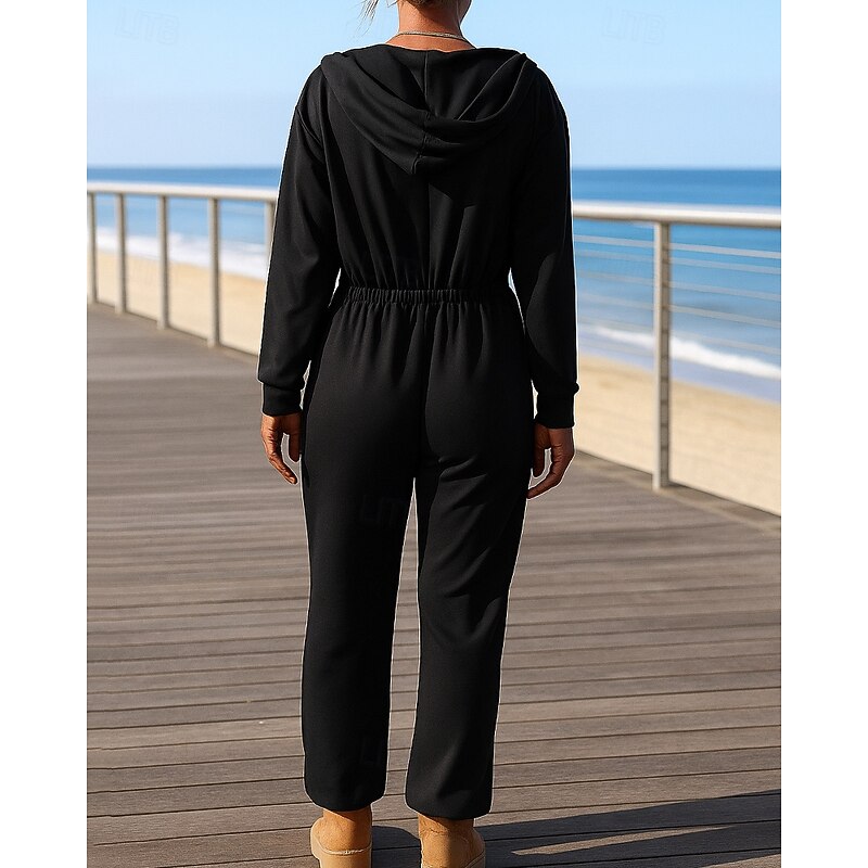 Women's One Piece Sweatsuit Lounge Outfits  Drawstring Solid Colored Clothing Suit Fall Black Coffee Outdoor Travel Sports Moisture Wicking Long Sleeve Sport Activewear Micro-elastic Regular Fit2