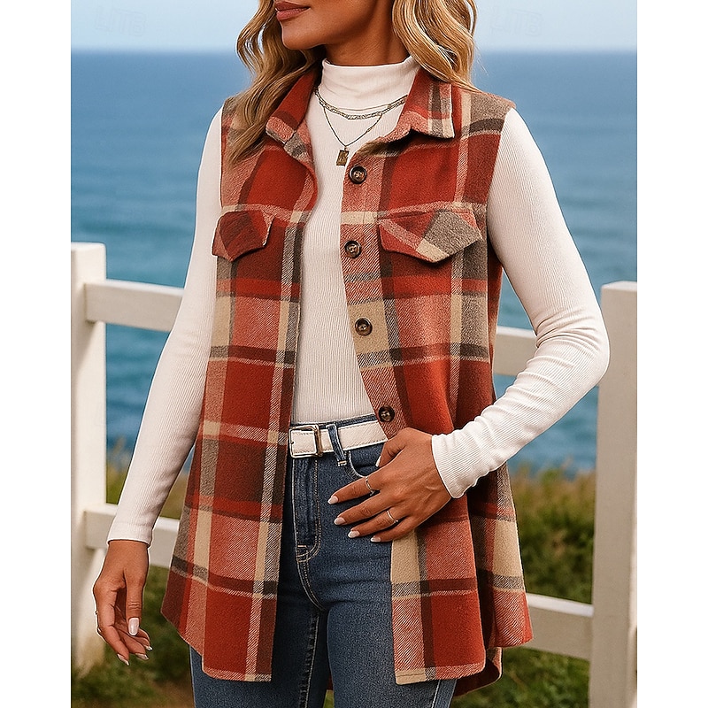 Women's Fleece Vest Buttons Sleeveless Top Athleisure Plaid Checkered Fashion Warm Outdoor Travel Sports Sportswear Activewear Red Green Khaki