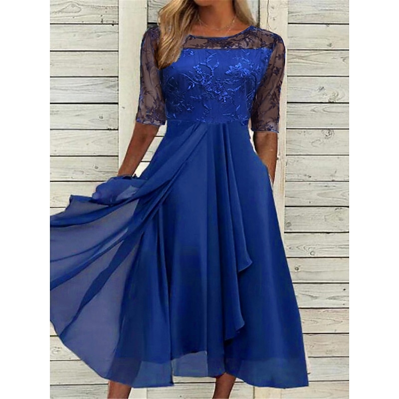 Women's Midi Dress Lace Dress Cocktail Dress Wedding Guest Dress Chiffon Dress Elegant Formal Wedding Party Regular Fit Half Sleeve Crew Neck Blue Purple Green Dark Blue Summer2