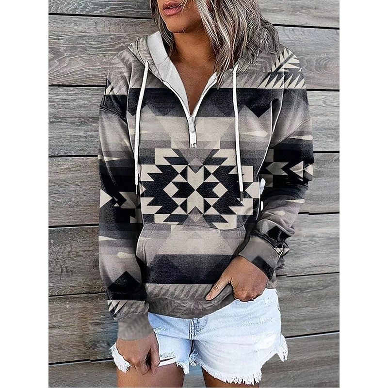 Women's Pullover Hoodie Sweatshirt Geometric Color Block Vintage Ethnic Casual Long Sleeve Hooded Regular Tops Street Dailywear Black Blue Khaki Beige Fall Winter3