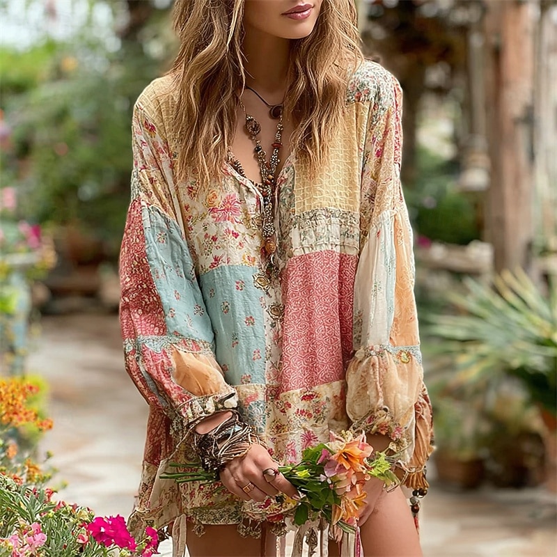 Women's Shirt Blouse Floral Hawaiian Stylish Basic Long Sleeve V Neck Regular Tops Daily Going out Beach Wear Print Pink Spring Fall