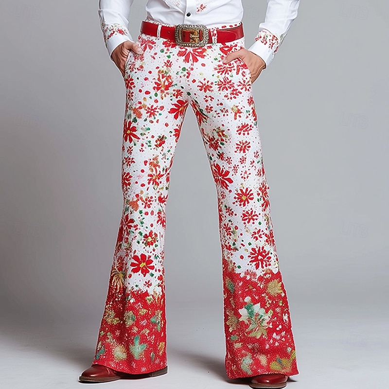Christmas Men's Floral Print Fireworks Christmas Costume Disco Pants 60s 70s Bell Bottoms Mid Waist Western Vintage Retro Outdoor Holiday Side Pockets Flared Leg Pants Trousers Spring Fall 3D Print
