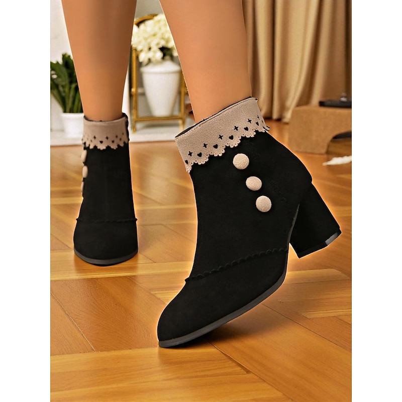 Women's Edwardian Victorian Ankle Boots – 1950s Black Faux Suede Button-Up Booties with Eyelet Lace Trim for Vintage-Inspired Fall, Winter Outfits and Formal Events2
