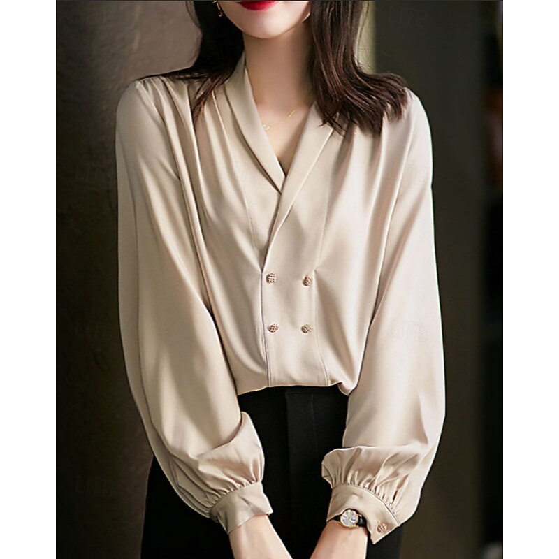 Women's Shirt Dressy Blouse Plain Active Stylish Long Sleeve Shirt Collar Regular Tops Holiday Going out Ruched Apricot Spring Fall