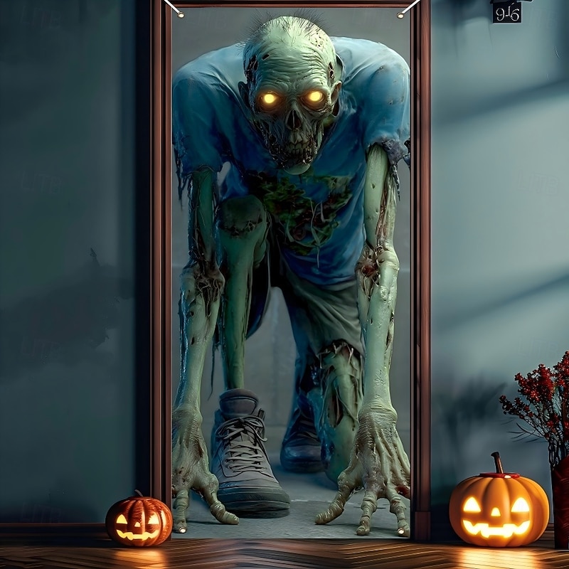 Halloween Door Covers, Zombie Green Horror Tapestry with Chilling Dark Undead Figures, Spooky Scary Door Curtain for Indoor Outdoor Decor3