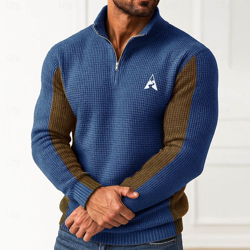 Men's Graphic Pullover Sweater Jumper Zip Sweater Polo Sweater Zip Collar Casual School Vacation Daily Embroidered Zipper Long Sleeve Spring Fall Winter Sky Blue Brown Green2