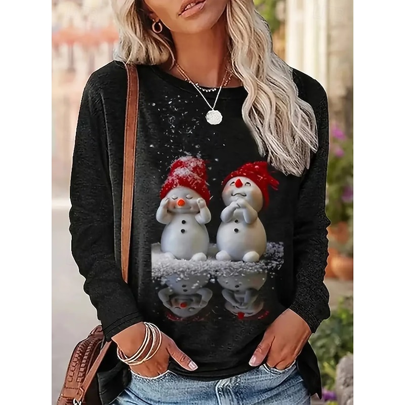 Christmas Women's T Shirt Graphic Animal Cat Vintage Fashion Stylish Long Sleeve Crew Neck Round Neck Regular Tops Daily Weekend Print Black Spring Fall Winter