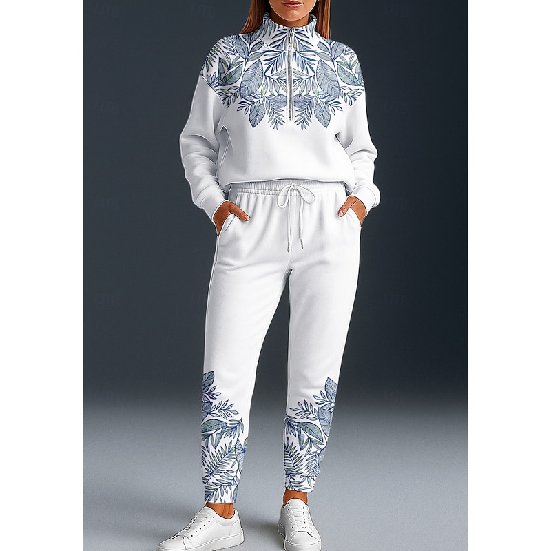 Women's Sweatshirt Tracksuit 2 Piece Tracksuit Full Zip Baggy Floral Clothing Suit Fall White Vocation Outdoor Travel Lightweight Fashion Long Sleeve Sport Activewear Micro-elastic Loose Fit3