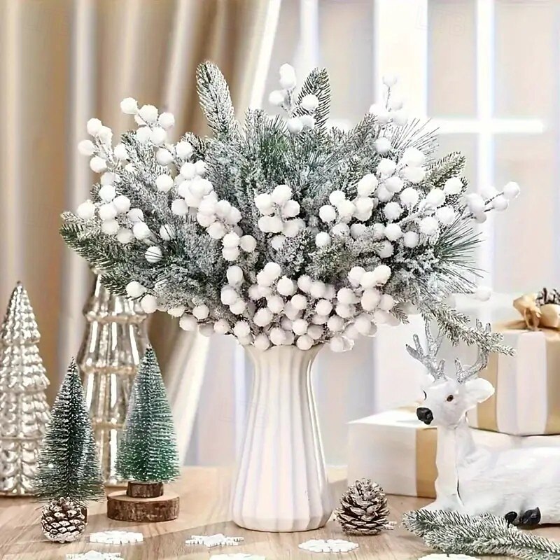 12pcs Christmas Winter White Artificial Holly and Cedar Branches with Snow-Flocked Pine Leaves, Perfect for DIY Wreaths, Christmas Tree, Holiday Home and Outdoor Decorations3