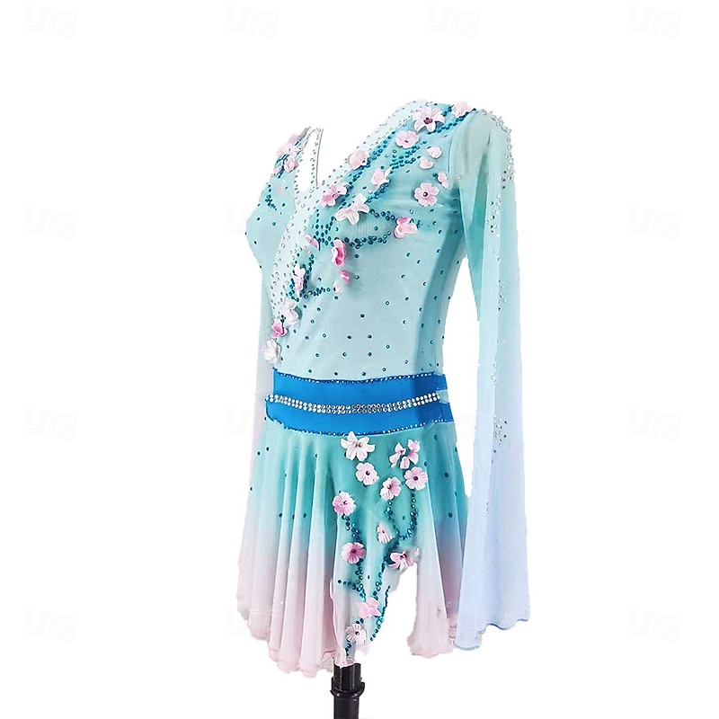 Figure Skating Dress Women's Girls' Ice Skating Dress Sky Blue Patchwork Asymmetric Hem Spandex High Elasticity Training Professional Competition Skating Wear Classic Crystal / Rhinestone Long Sleeve3