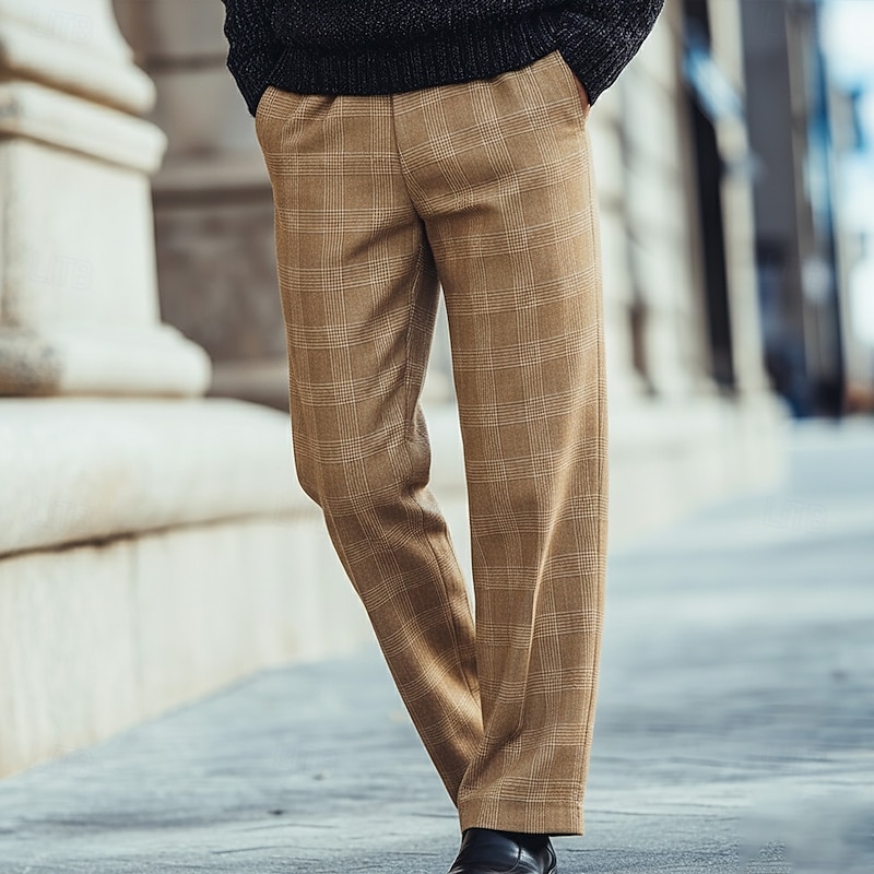 Men's Geometric Grid / Plaid Trousers Dress Pants Suit Pants Mid Waist Business Casual Formal Dailywear Regular Fit Flat-Front Straight Leg Pants with Pockets Summer Spring Fall 3D Print khaki Dark