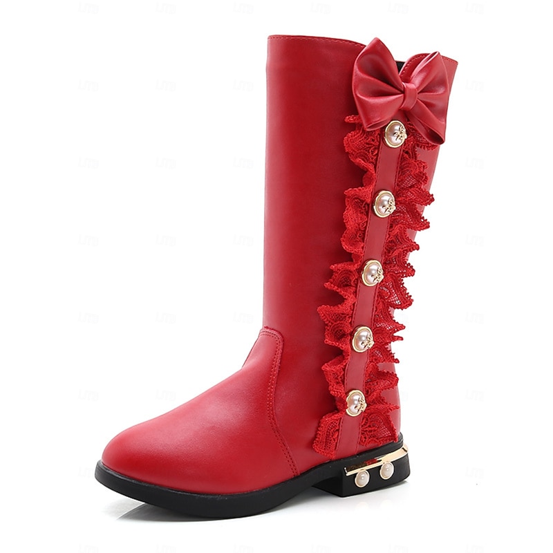 Girl's Red Knee High Boots with Bow and Lace Trim - Elegant Pearl Button Christmas Party Shoes for Kids Holiday Outfits3
