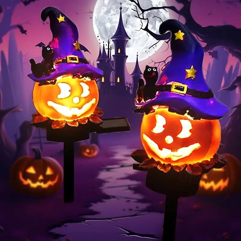 2 Pcs Halloween Solar Ground Lights Outdoor Resin Pumpkin Lantern Wizard Hat Ghost Light Outdoor Lawn Lights Waterproof for Yard Path Cemetery Garden Haunted House Party Decoration2