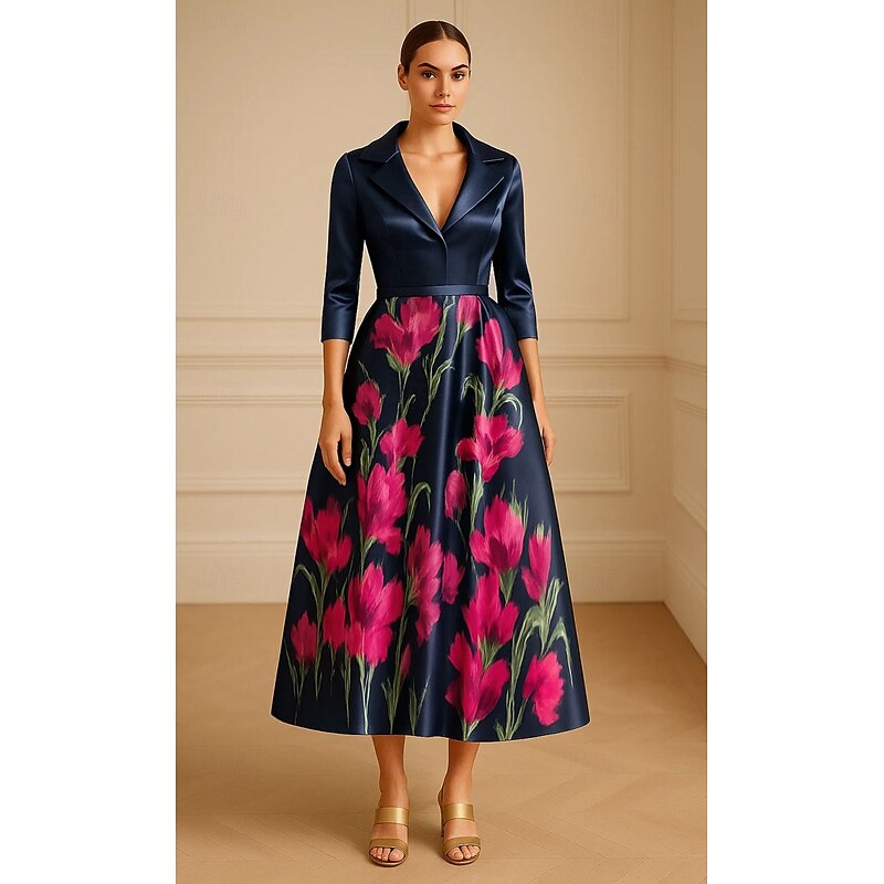 A-Line Mother of the Bride Portrait Collar Evening Gown Elegant Formal Dress Formal Wedding Midi Length Tea Length 3/4 Length Sleeve V Neck Stretch Satin with Floral Print