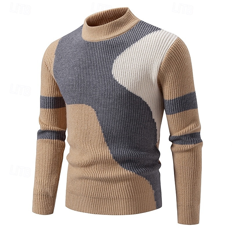 Men's Sweater Pullover Sweater Jumper Ribbed Knit Regular Tops Patchwork Color Block Color Block High Neck Knitwear Contemporary Casual Daily Wear Clothing Apparel Fall Black Green M L XL