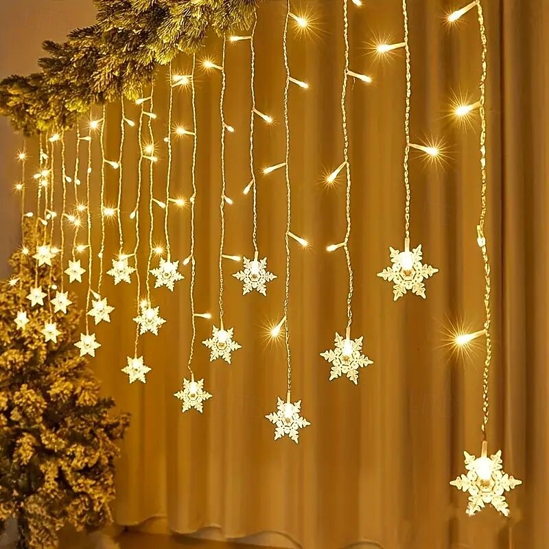 96LED Snowflake Curtain Lights 3.5m 8 Modes Lighting for Christmas Halloween Thanksgiving New Year Valentine's Day Home Balcony Living Room Garden Porch Atmosphere Decoration3