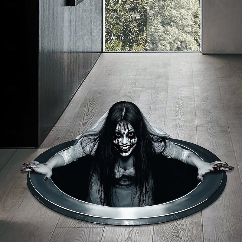 Halloween 3D Wall Sticker, Scary Horror Long Hair Ghost Bride Floor Decal, Spooky Bedroom Living Room Home Decoration