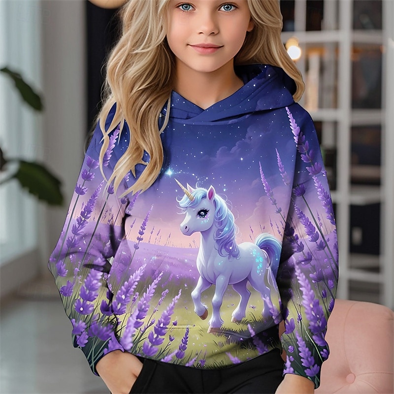 Girls' 3D Unicorn Hoodie Long Sleeve Fall Winter Fashion Adorable Basic Kids 4-12 Years Hooded Outdoor Casual Daily Regular Fit