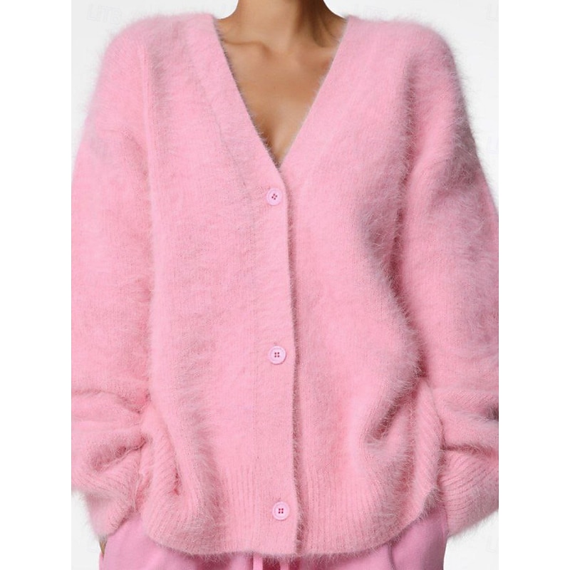 Women's Sweater Cardigan Elegant Fashion Streetwear Pure Color V Neck Pocket Buttons Knitted Long Sleeve Regular Tops Knit Outdoor Daily Weekend White Pink Fall Winter4