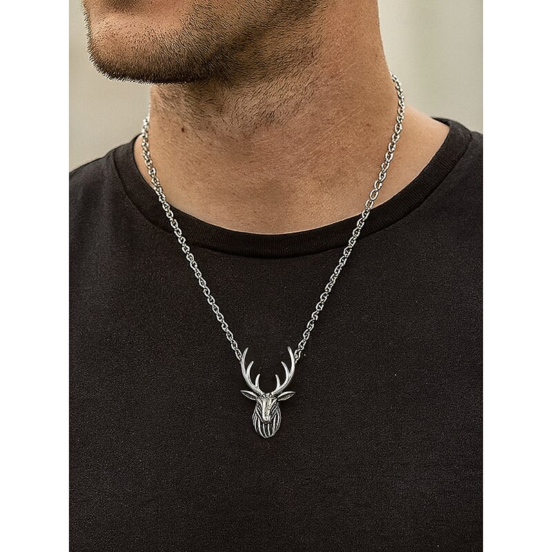 Men's Alloy Deer Head Necklace - Vintage Deer Antler Pendant Necklace, Perfect for Outdoor Style and as a Christmas Gift3